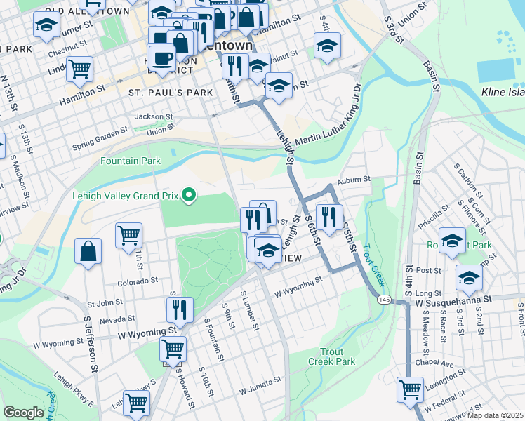 map of restaurants, bars, coffee shops, grocery stores, and more near 701 Harrison Street in Allentown