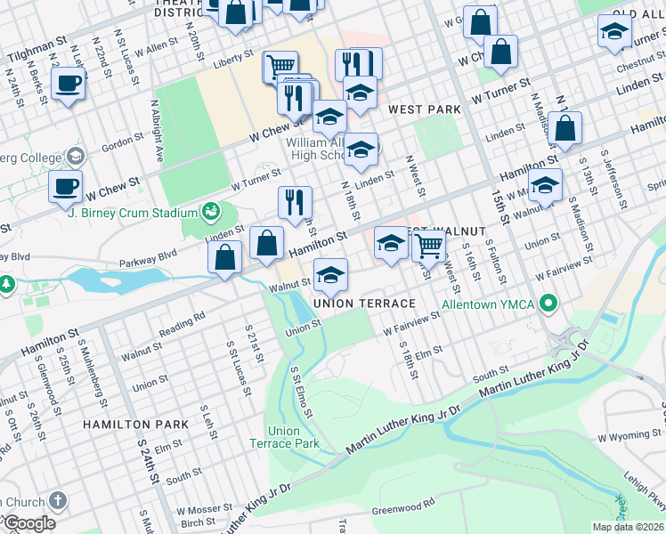 map of restaurants, bars, coffee shops, grocery stores, and more near 1827 Walnut Street in Allentown