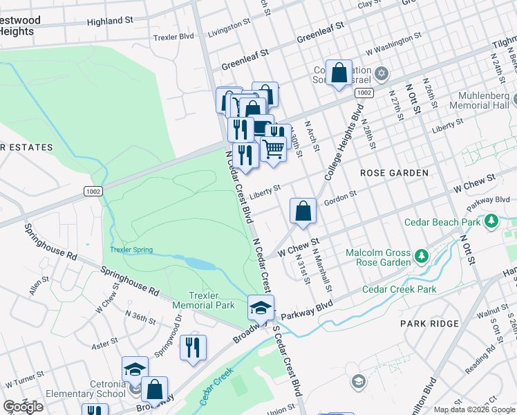 map of restaurants, bars, coffee shops, grocery stores, and more near 3145 Shrewsbury Road in Allentown