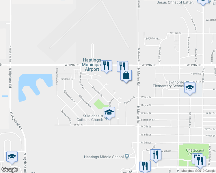 map of restaurants, bars, coffee shops, grocery stores, and more near 3121 Parklane Drive in Hastings