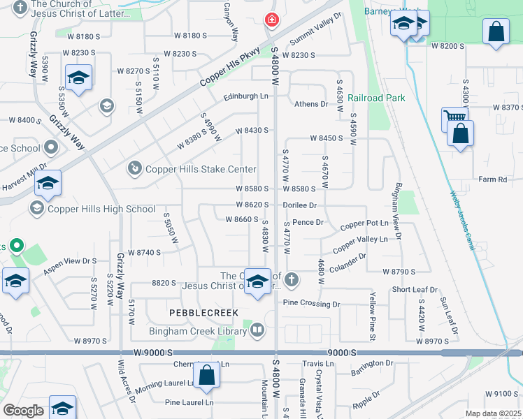 map of restaurants, bars, coffee shops, grocery stores, and more near 4839 West 8620 South in West Jordan