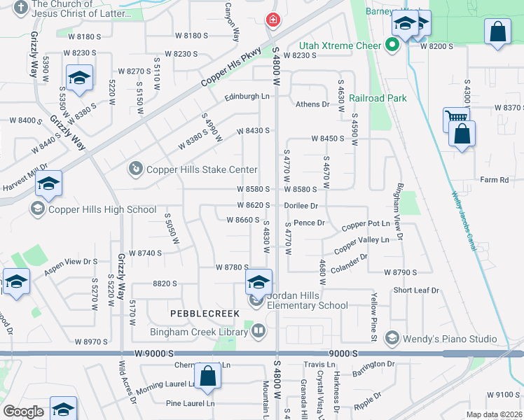 map of restaurants, bars, coffee shops, grocery stores, and more near 4839 West 8620 South in West Jordan