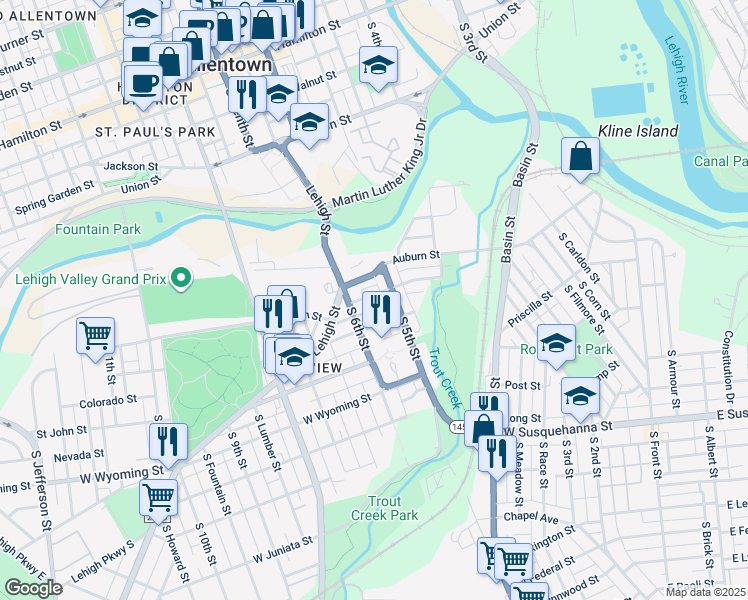 map of restaurants, bars, coffee shops, grocery stores, and more near 522 Harrison Street in Allentown