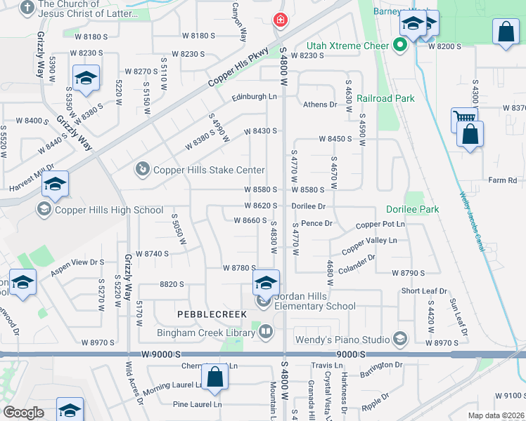 map of restaurants, bars, coffee shops, grocery stores, and more near 4855 West 8620 South in West Jordan