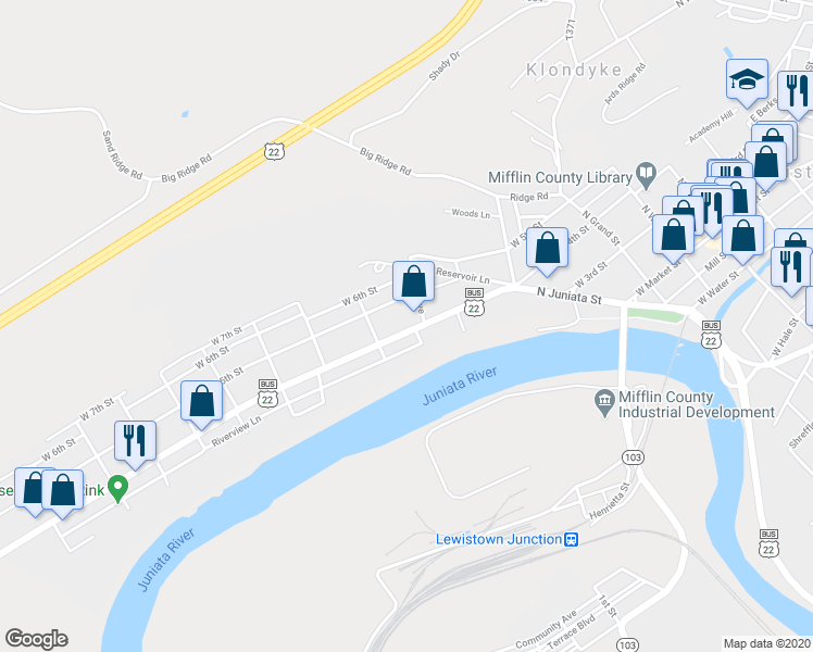 map of restaurants, bars, coffee shops, grocery stores, and more near 449 West 4th Street in Lewistown