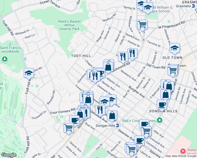 map of restaurants, bars, coffee shops, grocery stores, and more near 1412 Richmond Road in Staten Island