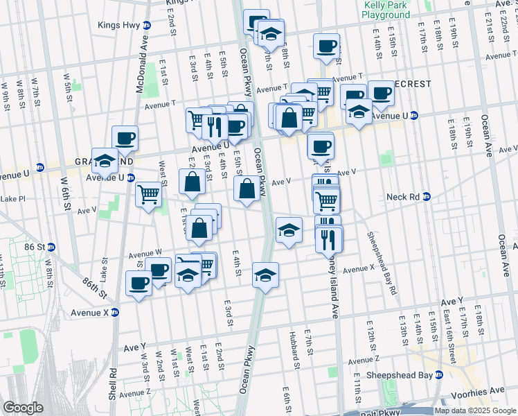 map of restaurants, bars, coffee shops, grocery stores, and more near 2246 Ocean Parkway Service Road in Brooklyn