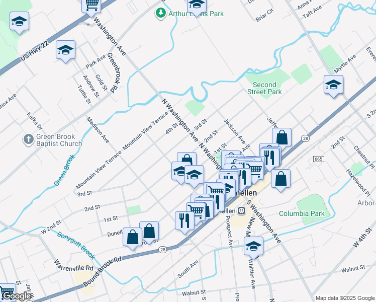 map of restaurants, bars, coffee shops, grocery stores, and more near 322 2nd Street in Dunellen
