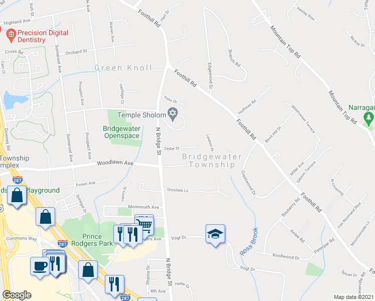 map of restaurants, bars, coffee shops, grocery stores, and more near 10 Cedar Street in Bridgewater