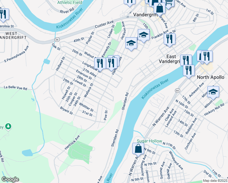 map of restaurants, bars, coffee shops, grocery stores, and more near 90 Emerson Street Court in Vandergrift