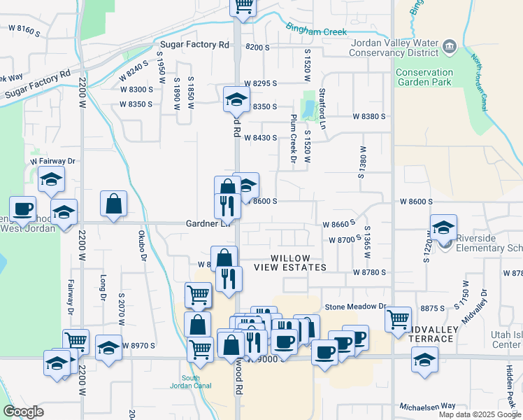 map of restaurants, bars, coffee shops, grocery stores, and more near 1653 W 8600 S in West Jordan