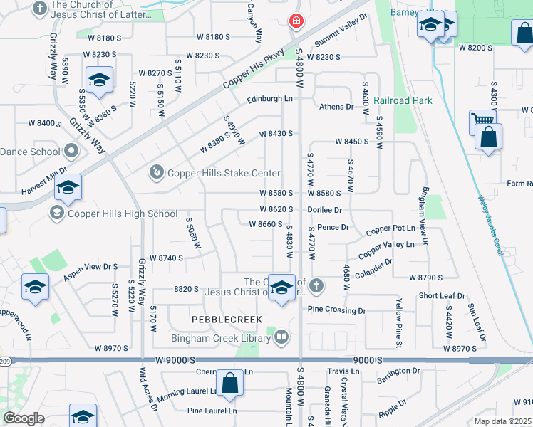 map of restaurants, bars, coffee shops, grocery stores, and more near 4887 West 8620 South in West Jordan