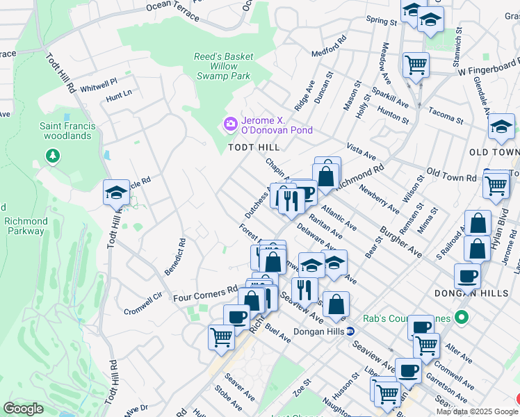map of restaurants, bars, coffee shops, grocery stores, and more near 193 Dutchess Avenue in Staten Island