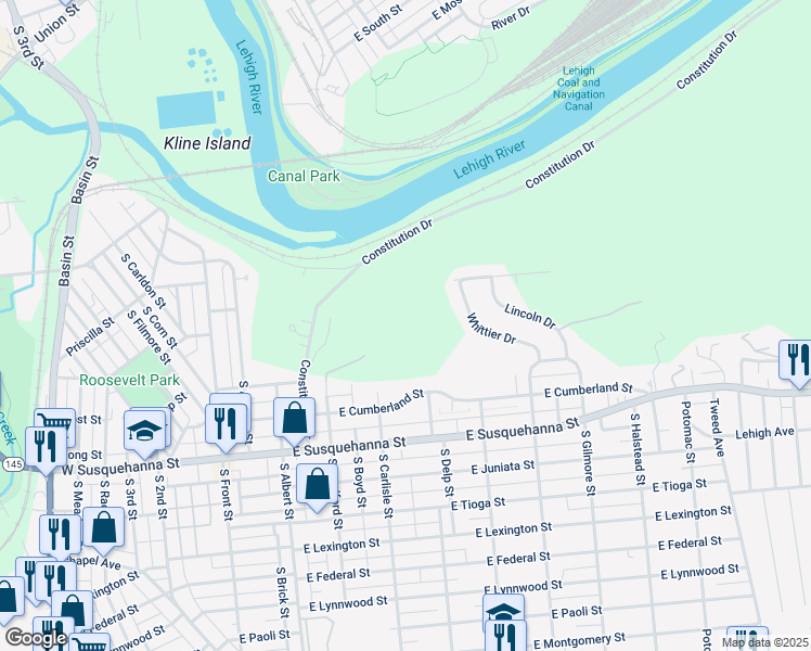 map of restaurants, bars, coffee shops, grocery stores, and more near 223 East Wyoming Street in Allentown