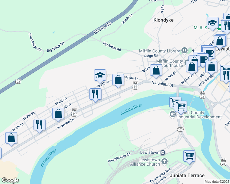 map of restaurants, bars, coffee shops, grocery stores, and more near 451 West 4th Street in Lewistown