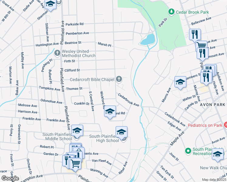 map of restaurants, bars, coffee shops, grocery stores, and more near 1736 Kenyon Avenue in South Plainfield