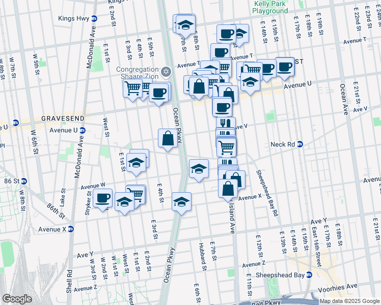 map of restaurants, bars, coffee shops, grocery stores, and more near 2245 Ocean Parkway in Brooklyn
