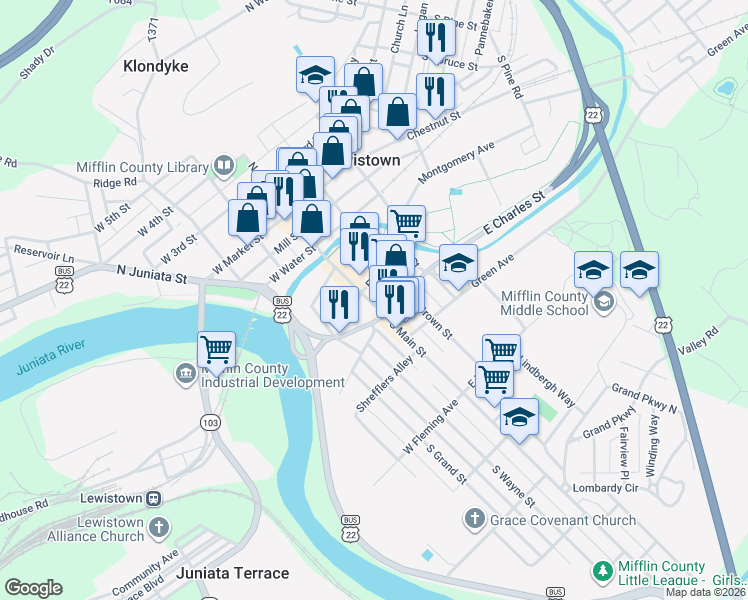 map of restaurants, bars, coffee shops, grocery stores, and more near 215 South Main Street in Lewistown