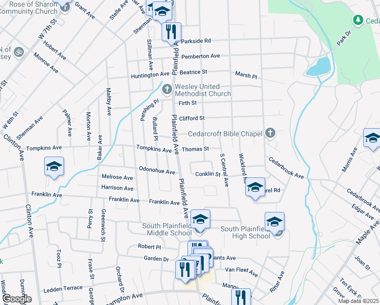 map of restaurants, bars, coffee shops, grocery stores, and more near 120 Thomas Street in South Plainfield