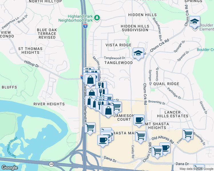 map of restaurants, bars, coffee shops, grocery stores, and more near 847 Mission Sierra Court in Redding