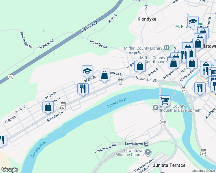 map of restaurants, bars, coffee shops, grocery stores, and more near 438 West 4th Street in Lewistown