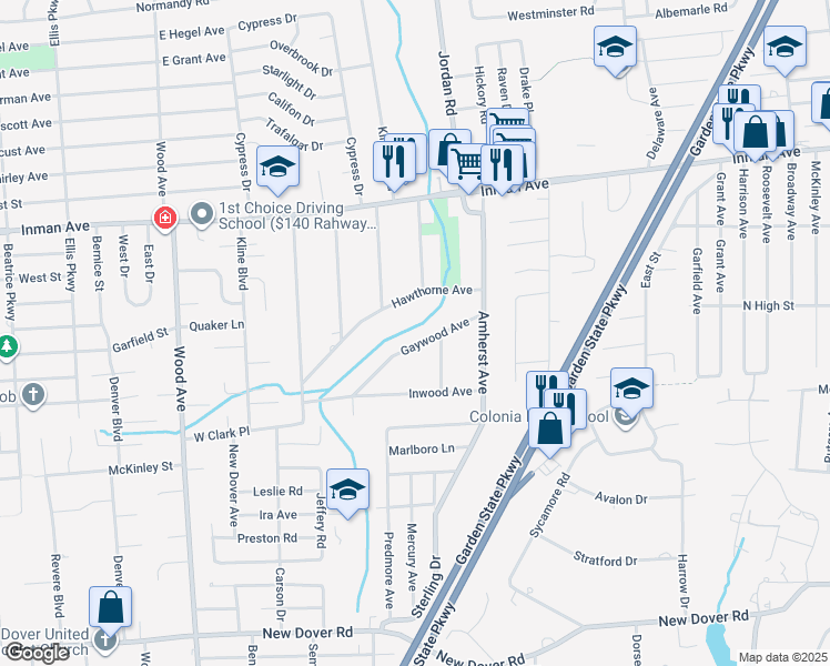 map of restaurants, bars, coffee shops, grocery stores, and more near 35 Fagan Place in Woodbridge Township