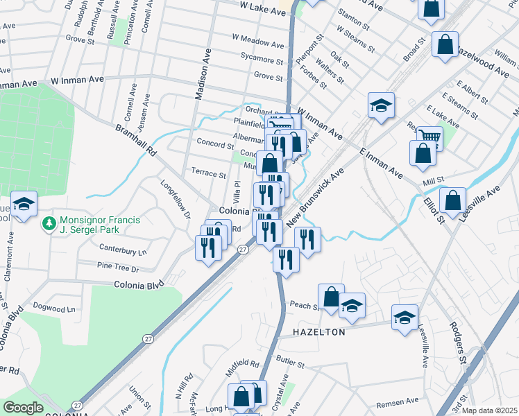 map of restaurants, bars, coffee shops, grocery stores, and more near 79 Colonia Boulevard in Rahway