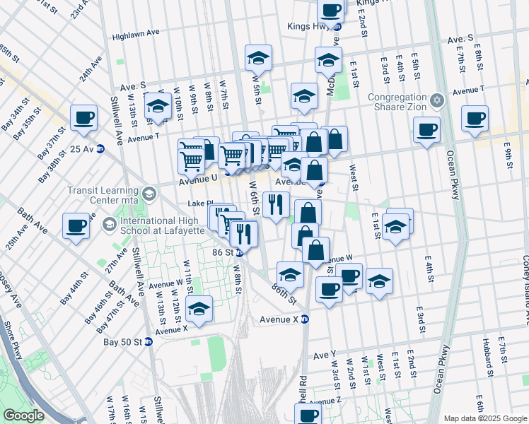 map of restaurants, bars, coffee shops, grocery stores, and more near 183 Avenue V in Brooklyn