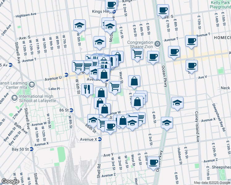 map of restaurants, bars, coffee shops, grocery stores, and more near 25 Village Court in Brooklyn