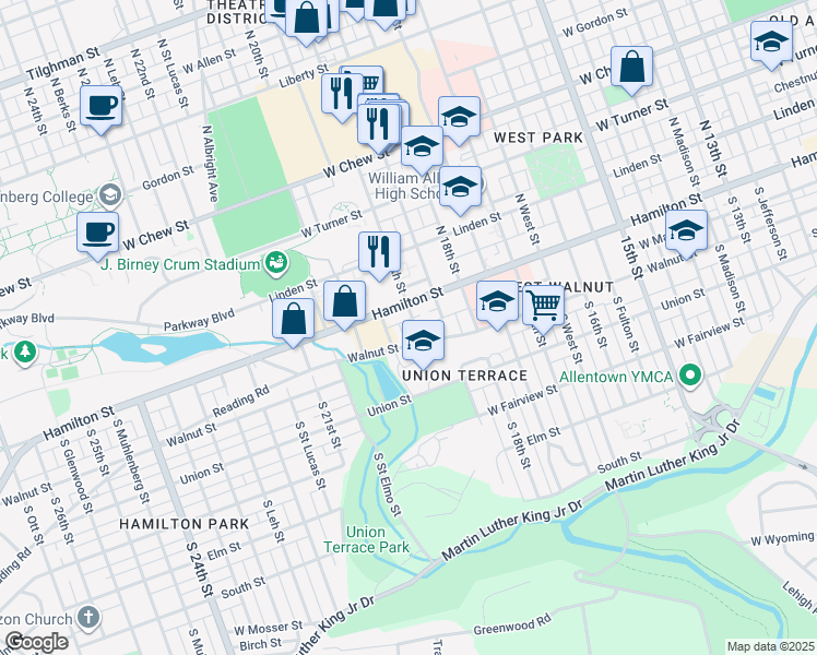 map of restaurants, bars, coffee shops, grocery stores, and more near 34 South 19th Street in Allentown