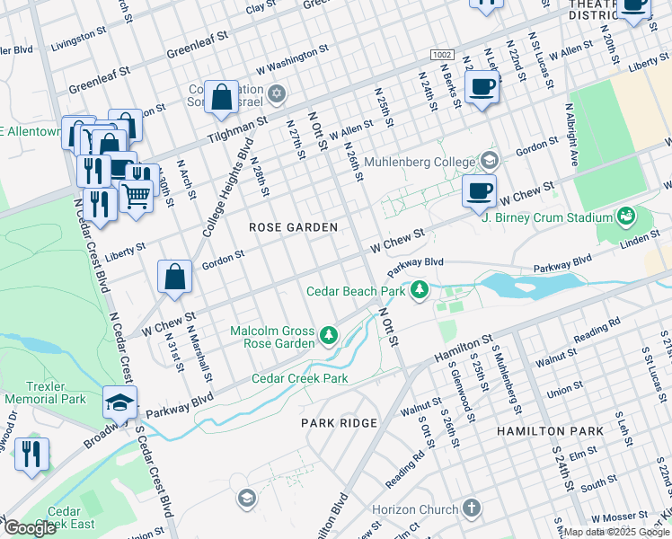 map of restaurants, bars, coffee shops, grocery stores, and more near 2704-2708 West Chew Street in Allentown
