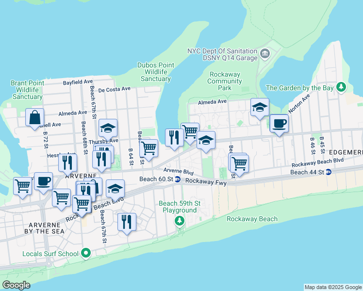 map of restaurants, bars, coffee shops, grocery stores, and more near 360 Beach 59th Street in Queens