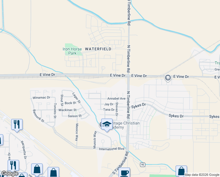 map of restaurants, bars, coffee shops, grocery stores, and more near Robbie Way in Fort Collins