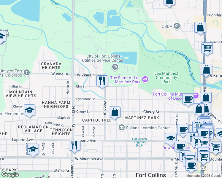 map of restaurants, bars, coffee shops, grocery stores, and more near 515 North Grant Avenue in Fort Collins
