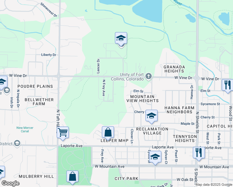 map of restaurants, bars, coffee shops, grocery stores, and more near 524 North Bryan Avenue in Fort Collins