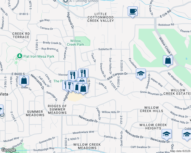 map of restaurants, bars, coffee shops, grocery stores, and more near 2167 Alta Canyon Drive in Sandy