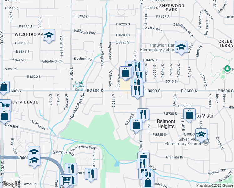 map of restaurants, bars, coffee shops, grocery stores, and more near 1207 East Gaylene Circle in Sandy