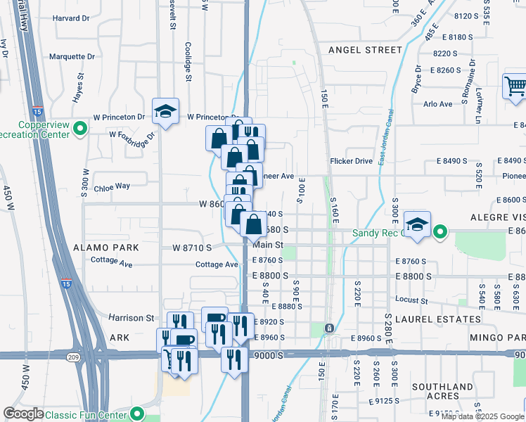 map of restaurants, bars, coffee shops, grocery stores, and more near 8653 South 40 East in Sandy