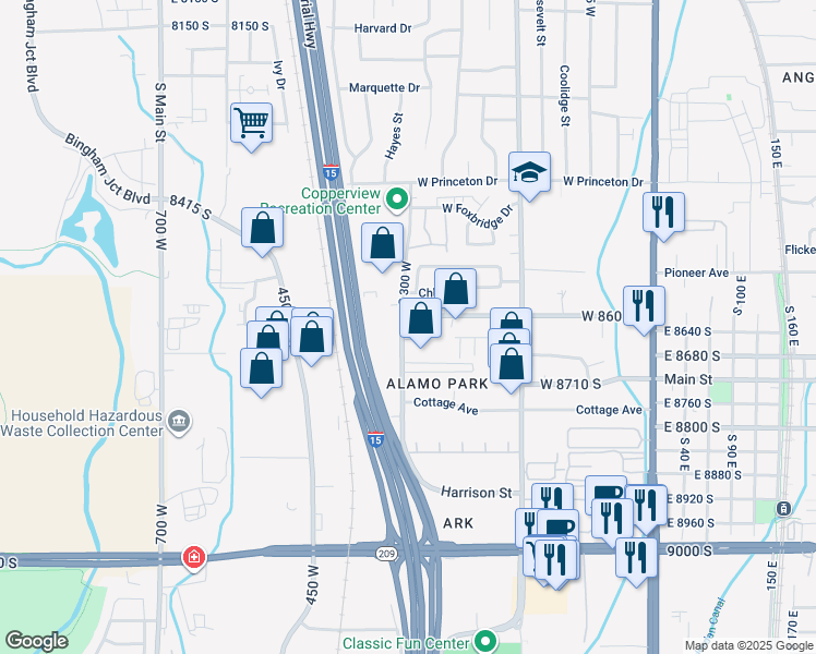 map of restaurants, bars, coffee shops, grocery stores, and more near 8637 Harrison Street in Sandy