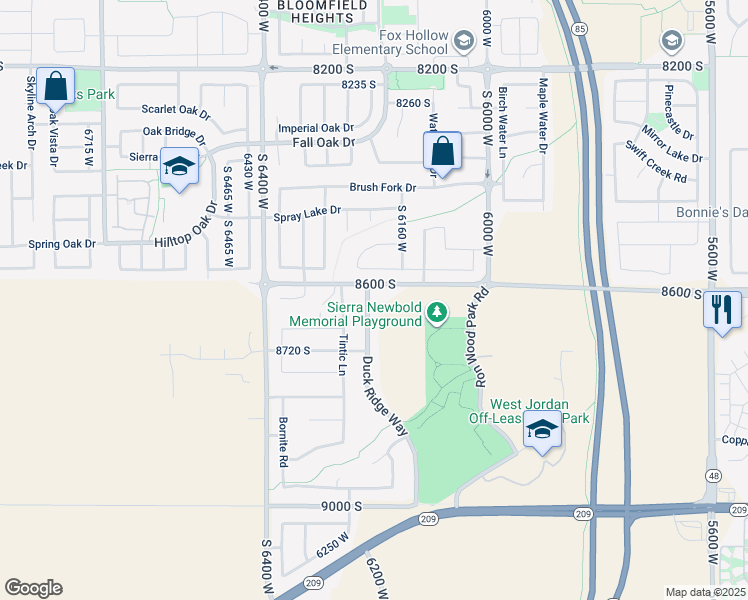 map of restaurants, bars, coffee shops, grocery stores, and more near 8643 Duck Ridge Way in West Jordan