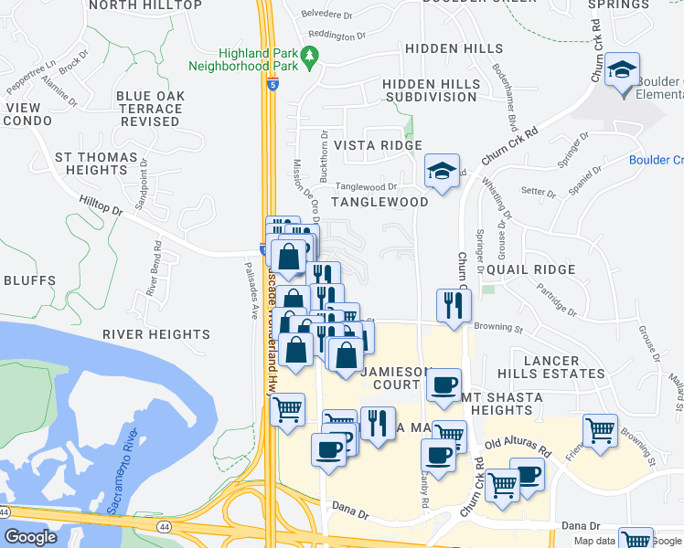 map of restaurants, bars, coffee shops, grocery stores, and more near 895 Mission Sierra Court in Redding