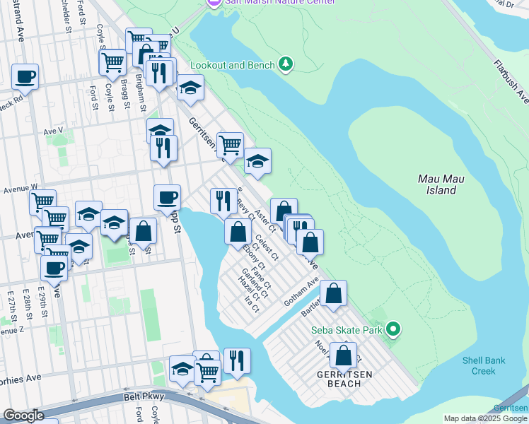 map of restaurants, bars, coffee shops, grocery stores, and more near 64 Aster Court in Brooklyn