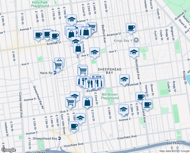 map of restaurants, bars, coffee shops, grocery stores, and more near 2325 East 22nd Street in Brooklyn