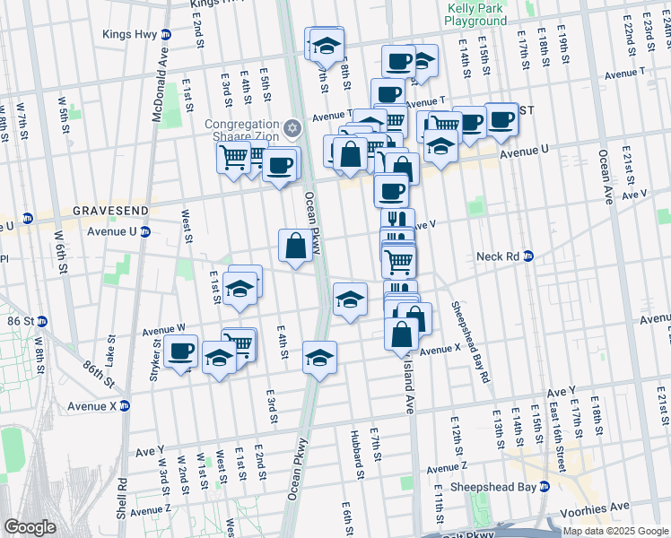 map of restaurants, bars, coffee shops, grocery stores, and more near 631 Gravesend Neck Road in Brooklyn