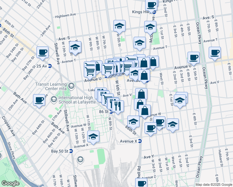map of restaurants, bars, coffee shops, grocery stores, and more near 183 Avenue V in Brooklyn