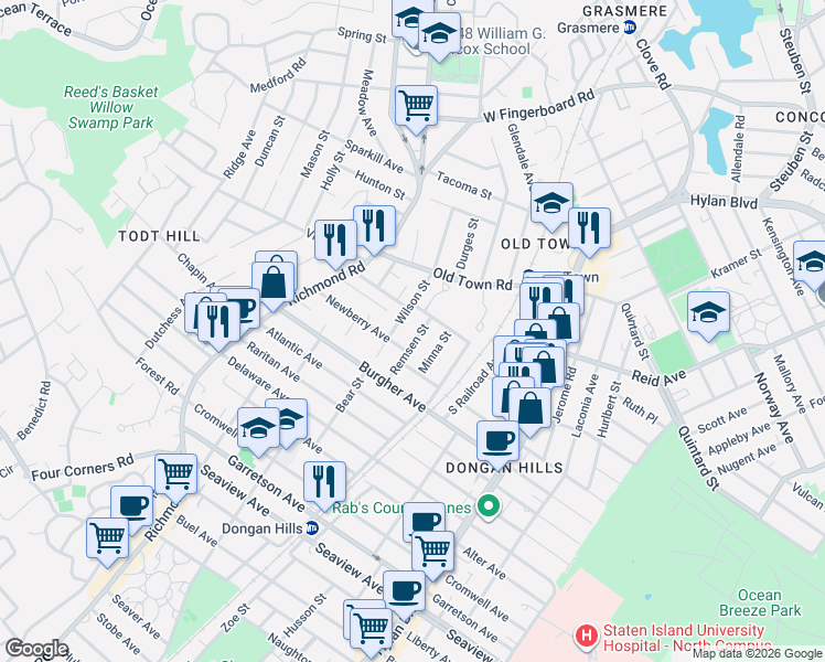 map of restaurants, bars, coffee shops, grocery stores, and more near 99 Newberry Avenue in Staten Island
