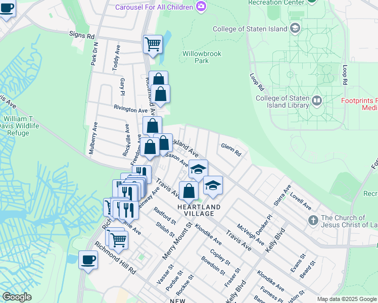 map of restaurants, bars, coffee shops, grocery stores, and more near 1292 Rockland Avenue in Staten Island