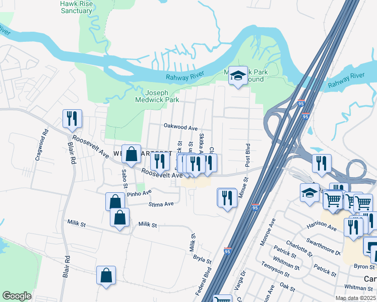 map of restaurants, bars, coffee shops, grocery stores, and more near 121 Hermann Street in Carteret