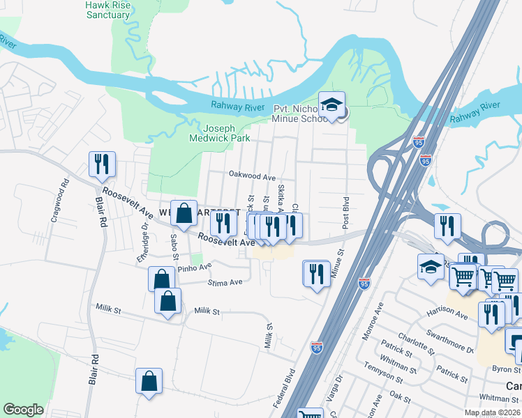 map of restaurants, bars, coffee shops, grocery stores, and more near 121 Hermann Street in Carteret