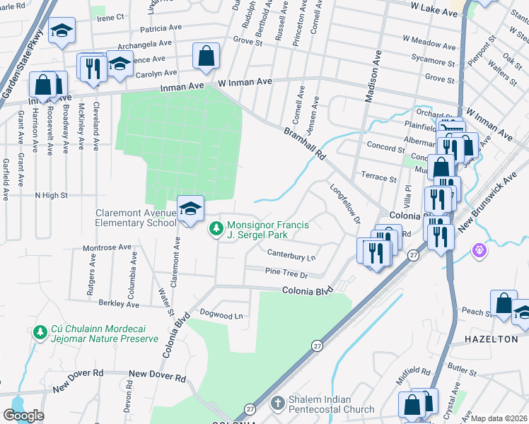 map of restaurants, bars, coffee shops, grocery stores, and more near 3 Stanford Avenue in Woodbridge Township